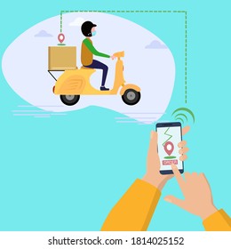 Lieferservice. mobile Anwendung. ein junger männlicher Kurier in einem großen Rucksack mit Motorrad und Maske. bearbeitbare flache Illustrationen, Clipart. Vektorgrafik