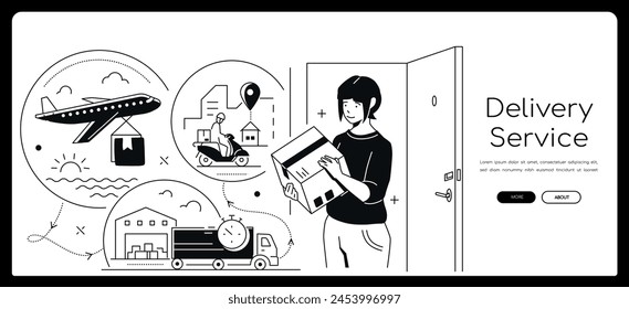 Delivery service - modern line design style banner with copy space for text. Composition with woman holding box, an airplane, courier on a moped, truck, warehouse with goods and storage