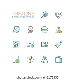 Delivery Service - modern vector single thin line icons set. Magnifying glass, phone, twenty four hour, floppy disk, new, truck, security, parcel, discount, map, bag