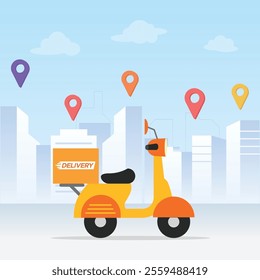 Delivery service motorcycle on map. Online app tracking, city background	
