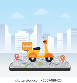 Delivery service motorcycle on map. Online app tracking, city background	
