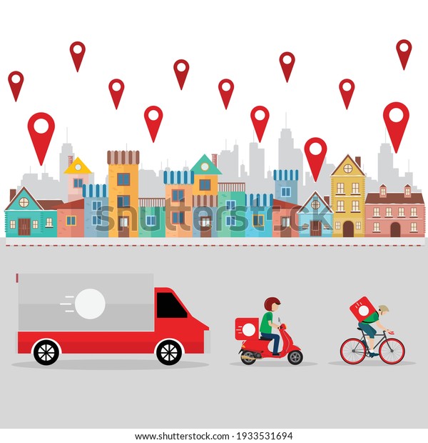 Delivery service with motorcycle, truck and bicycle\
on the road