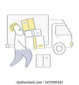 Delivery service, mover, postman, loader worker or courier delivering packages, helps with shipment, home moving, transportation, cargo, loading carton boxes into a truck. Flat outline vector on white