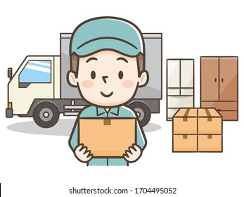 Delivery service, mover, postman, loader worker or courier delivering packages, helps with shipment, home moving, transportation, cargo, loading carton boxes into a truck.