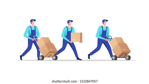 Delivery service. Movers in uniform transporting cardboard boxes. Vector illustration.