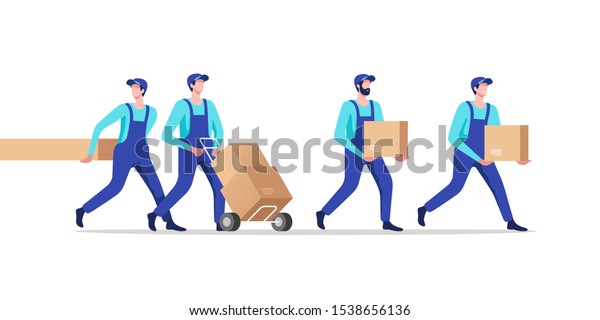 Delivery service. Movers in uniform\
transporting cardboard boxes. Vector\
illustration.