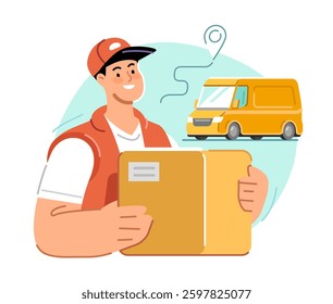 Delivery service, moving. Logistics and wholesale concept. Loader with cardboard box. Courier delivering parcel