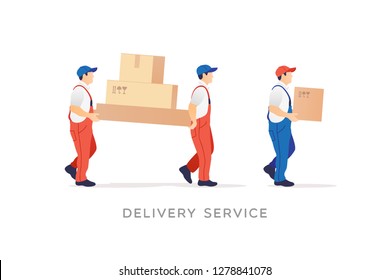 Delivery service and moving. Men in uniform with boxs. Vector illustration.