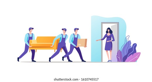 Delivery service and moving. Men in uniform carrying sofa and cardboard box. Vector illustration.