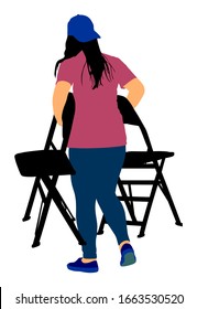 Delivery service moving transport, worker carrying chairs vector illustration. Handyman job. Distribution and procurement. Hipster boy moving after party. Move in. Girl carry chair after concert event