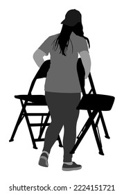Delivery service moving transport, worker carrying chairs vector illustration. Handyman job. Distribution and procurement. Hipster boy moving after party. Move in. Girl carry chair after concert event