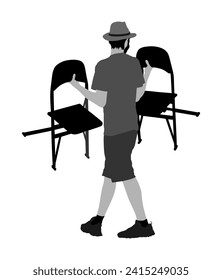 Delivery service moving transport, worker carrying chairs vector illustration. Handyman job. Distribution and procurement. Hipster boy moving after party. Move in.  Man carry chair after concert event