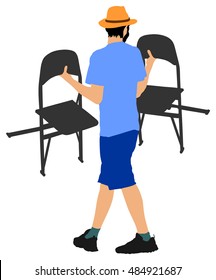 Delivery service moving transport, worker carrying chairs vector illustration. Handyman job. Distribution and procurement. Hipster boy moving after party. Move in.  Man carry chair after concert event