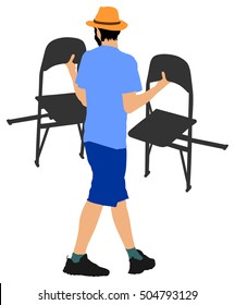 Delivery service moving transport, worker carrying chairs vector illustration. Handyman job. Distribution and procurement. Hipster boy moving after party. Move in.  Man carry chair after concert event