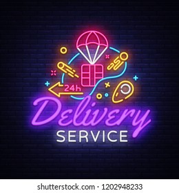 Delivery Service Neon Logo Vector. Fast delivery neon sign, design template, modern trend design, night neon signboard, night bright advertising, light banner, light art. Vector illustration