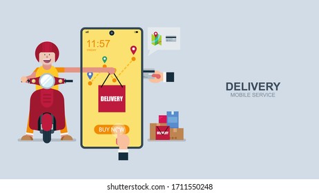 Delivery service, On mobile application, Online payment, Flat design vector illustration.