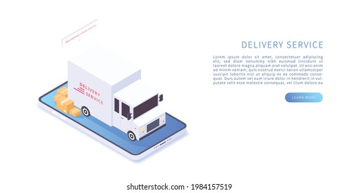 Delivery service on mobile application concept. Transportation delivery in isometric vector illustration. Delivery service with truck and boxes on smartphone. Vector illustration.