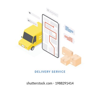 Delivery service on mobile application. Transportation delivery by van. Vector isometric with smartphone, van, map, parcels, map tracking. Vector illustration.
