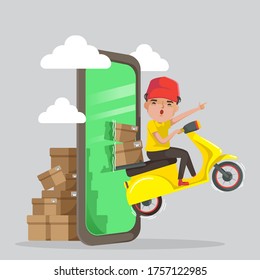Delivery service on mobile phone concept. Delivery man ride a motorcycle. 