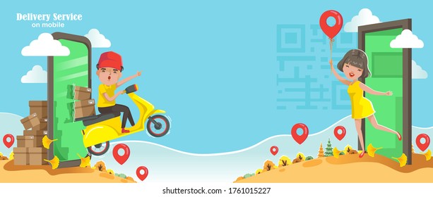 Delivery service on mobile phone concept. Order and deliver products during the day. Delivery man ride a motorcycle. Women pinning orders online with the application at home