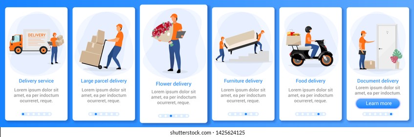 Servicio de entrega a bordo de la plantilla vectorial de pantalla de aplicación móvil. Flores, muebles, envío de paquetes. Recorrido de los pasos del sitio web con caracteres planos. UX, UI, interfaz de caricatura de smartphone GUI