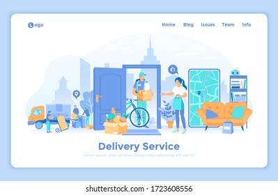 Delivery Service. Online app order tracking. Courier delivers a parcel to a woman at the door of her house. Workers in uniform are loading boxes into a truck. landing web page design template.