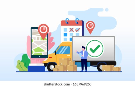 Delivery service, online deliver, shipping transportation, package post landing page website illustration flat vector template 