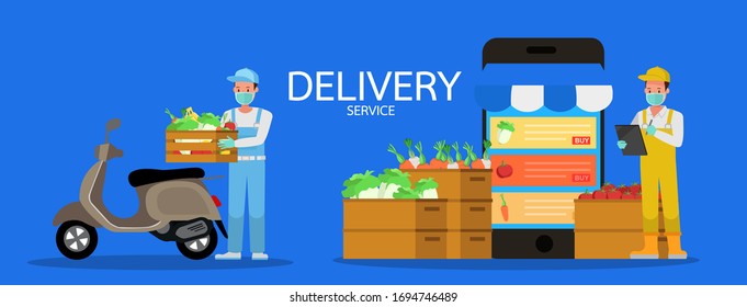 Delivery service online during the prevention of coronavirus. Social distancing, self-isolation concept. Character vector design.