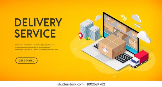 Delivery service online isometric banner concept with storage in laptop, parcel box, truck, buildings. Logistic advert 3d design. Vector illustration for web, mobile app, infographics