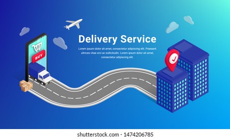 Delivery service online isometric concept with phone, truck, boxes, road, buildings. Logistic digital shopping advert design with place for text for web, banner, ui, mobile app. Vector illustration