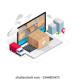 Delivery service online isometric concept with storage in laptop, parcel box, truck, buildings isolated on white background. Logistic advert 3d design. Vector illustration for web, banner, mobile app
