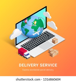 Delivery service online isometric design with laptop on orange gradient background. Logistic digital shopping advert concept. For web, banner, print, ui, mobile app. Vector illustration