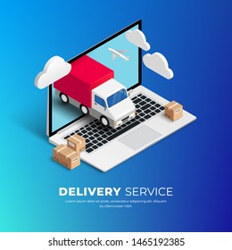 Delivery service online isometric design with laptop, truck, plane, boxes on blue gradient background. Logistic digital shopping advert 3d concept. Vector illustration for web, banner, ui, mobile app