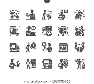 Delivery service, online order tracking, delivery home. Postal workers, courier. City logistics. Fast respond delivery package shipping. Vector Solid Icons. Simple Pictogram