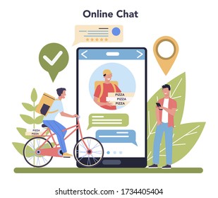 Delivery service online service or platform. Courier in uniform with box from the truck. Express logistic concept. Online chat. Vector illustration in cartoon style