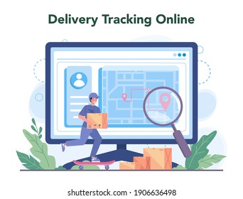 Online-Service oder Plattform für die Lieferung. Kurier in Uniform mit Box aus dem LKW. Waren bestellen im Internet. Online-Verfolgung. Vektorgrafik