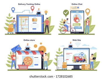 Delivery service online service or platform set. Courier in uniform with box from the truck. Express logistic concept. Online tracking, chat, website, shop. Vector illustration in cartoon style