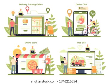 Delivery service online service or platform set. Courier in uniform with box from the truck. Express logistic concept. Online tracking, chat, website, shop. Vector illustration in cartoon style