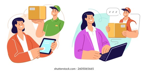 Delivery service online store concept. Buyer client using internet orders parcel from courier. Flat design cartoon