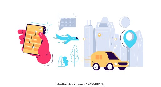 Delivery service and online tracking of parcels. Express freight and parcels mail delivery. Vector hand holding smartphone with map on screen flat illustration. Types of transport and location mark