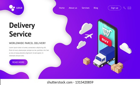 Delivery service online vector isometric illustration. Landing page concept with smartphone. Transportation and logistic digital shopping advert concept. For web, template, ui, mobile app