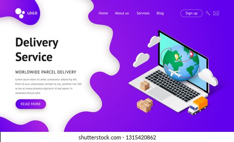 Delivery service online vector isometric illustration. Landing page concept with laptop. Transportation and logistic digital shopping advert concept. For web, template, ui, mobile app