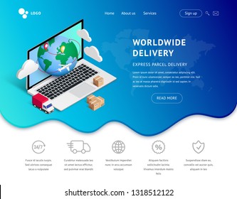 Delivery service online vector isometric illustration. Landing page concept with laptop, icons on blue fluid shape background. Logistic digital shopping advert concept. For web, ui, mobile app