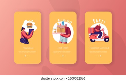 Delivery Service Order Shipping. Mobile App Page Onboard Screen Set. Worker Character on Scooter Bring Parcel Box to Happy Young Woman Concept for Website or Web Page. Cartoon Flat Vector Illustration