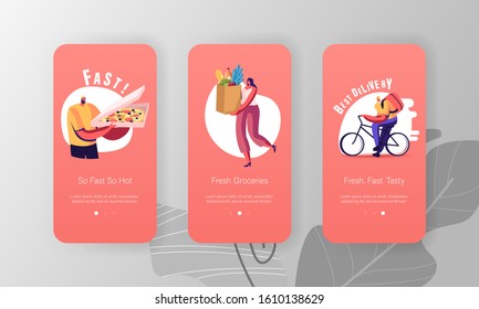 Delivery Service Order Shipping Mobile App Page Onboard Screen Set. Courier Delivering Pizza on Bicycle, Woman Carry Bag with Food Concept for Website or Web Page. Cartoon Flat Vector Illustration