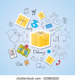 Delivery Service Package Box Concept Doodle Hand Draw Sketch Background Vector Illustration