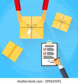 Delivery Service Package Box Receiving Courier Hands Customer Sign Up Flat Vector Illustration