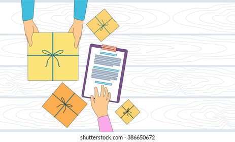 Delivery Service Package Box Receiving Courier Hands Customer Sign Up Empty Copy Space Thin Line Vector Illustration