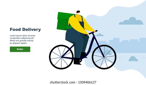 Delivery service of packages and food flat vector illustration. Banner web concept for shipping, food service. Courier riding a bicycle with a backpack. Messenger man, courier template.