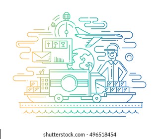 Delivery service plain line flat design illustration with delivery man, vehicle, plane, ship